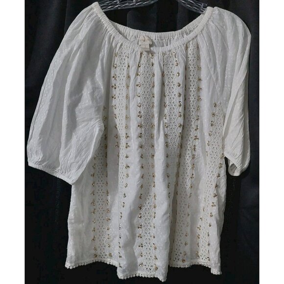 Chicos Shirt Front White Gold Sequins Size 2 Blouse Large - Picture 1 of 9